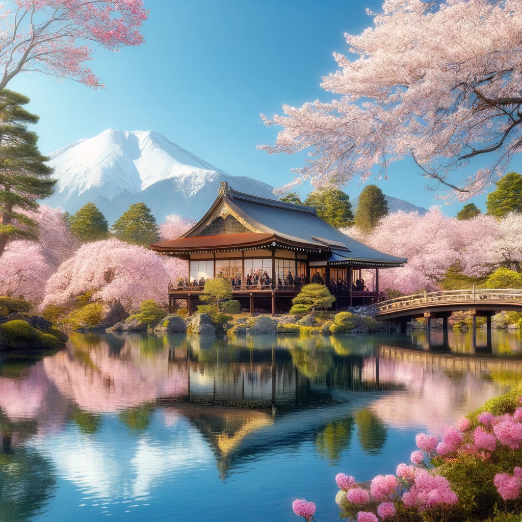 DALL·E 2024-05-27 12.22.43 - タイの風情を感じさせる桜の風景。タイの伝統的な建築物が背景にあり、満開の桜が咲いている様子。周囲には穏やかな川や池があり、桜の花びらが水面